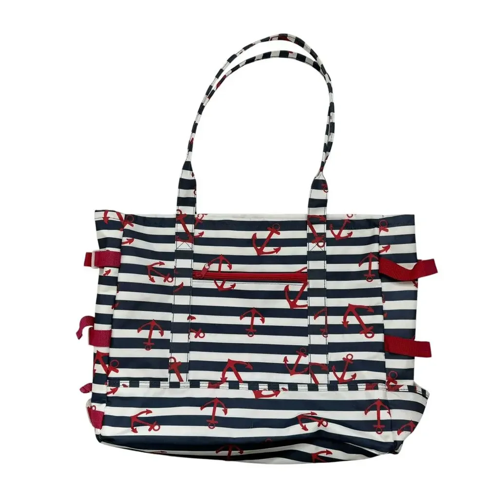 LAURA ASHLEY Seaside Blue White Red Anchor Lined Beach Tote Swim Bag Lined - Picture 1 of 13